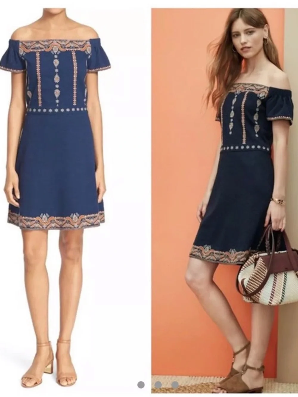 Tory Burch Nell Royal Navy Embroidered Off Shoulder Cotton Dress M EUC